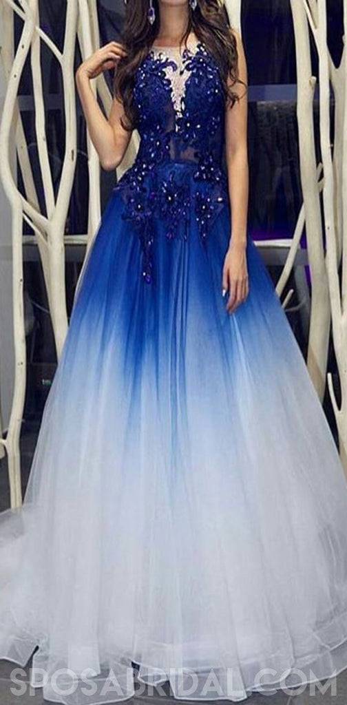 Modest Custom Made Elegant Royal Blue White Long Prom Dresses With App Sposabridal 2397