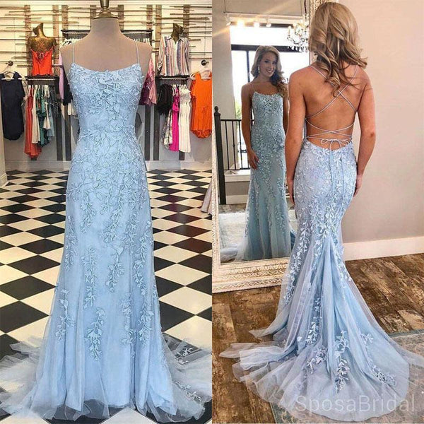 Spaghetti Strap Sky Blue Mermaid Long Prom Dresses, Backless Pageant D ...