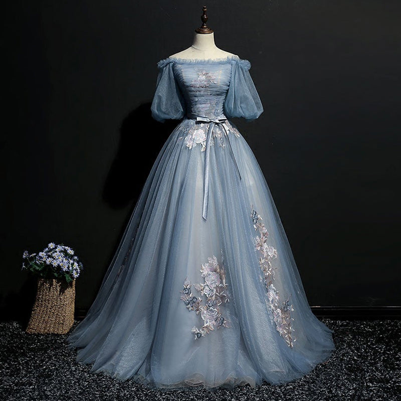 Elegant Blue Victorian Style Lace A-line Pleats Long Tulle Prom Dress ...