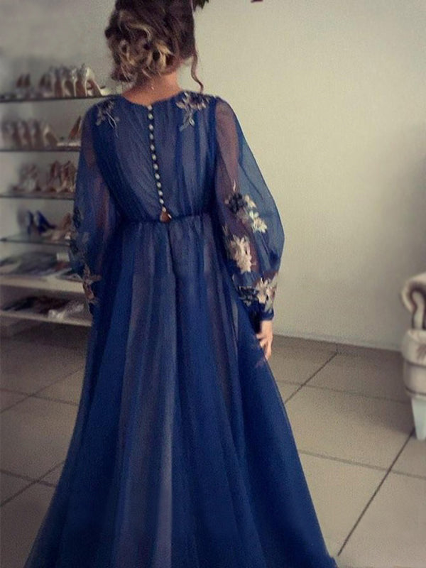 Long Sleeves New Arrival Tulle Long Modest Blue Prom Dresses with Appl ...