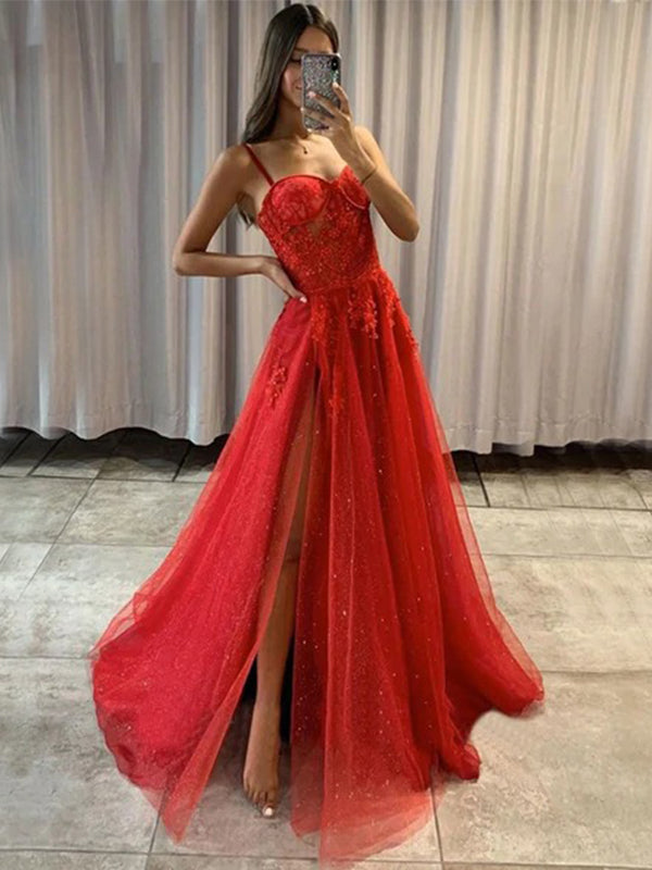 Sparkling Sexy Red Spaghetti Straps Sweetheart Lace Top Side-slit A-li ...
