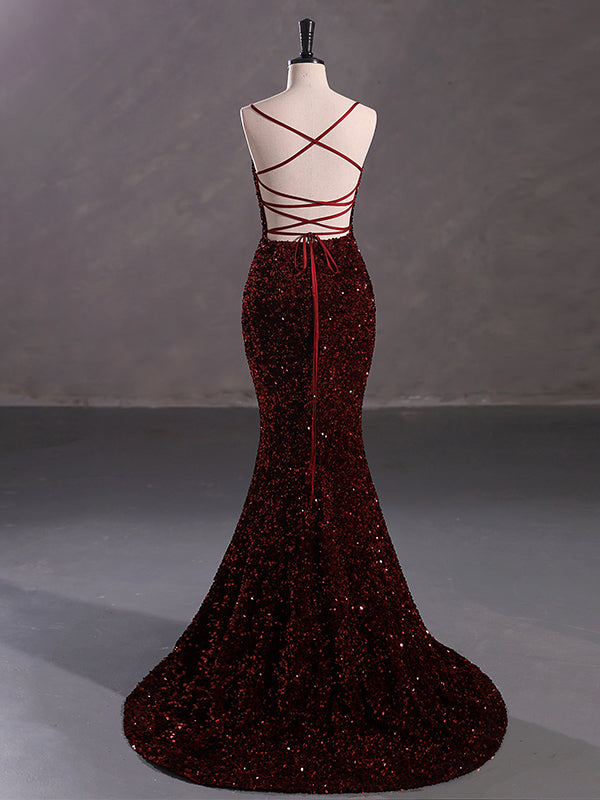 Sexy Sparkly White, Burgundy Spaghetti Straps Side-slit Backless Merma ...