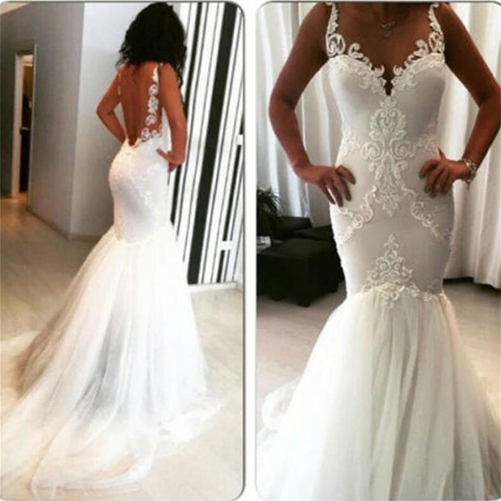 New Mermaid Sexy Backless Strips V-Neck Lace Free Custom Handmade Wedd ...