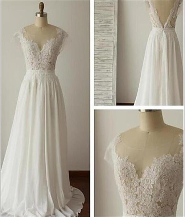 Simple Long A-Line V-back Lace Wedding Dresses, Chiffon Wedding Party ...