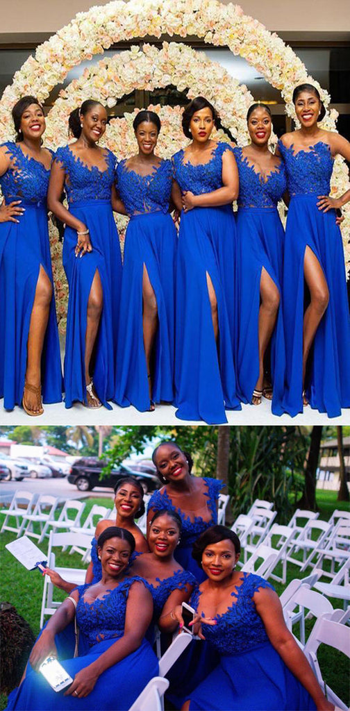 Royal Blue Top Lace Chiffon Side Slit Formal Popular Bridesmaid Dresse ...