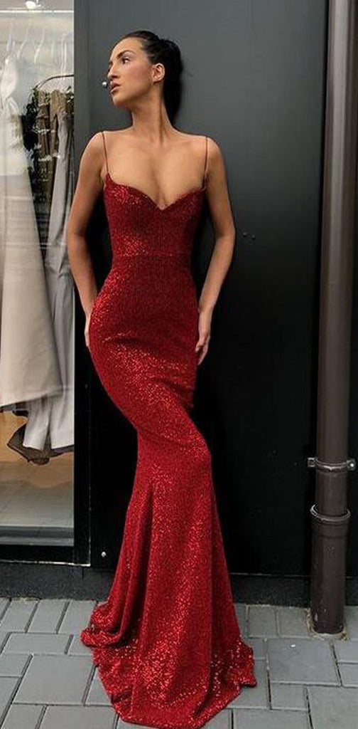 Charming Sexy Spaghetti Straps Cheap Silver Red Sequins Long Prom Dres ...