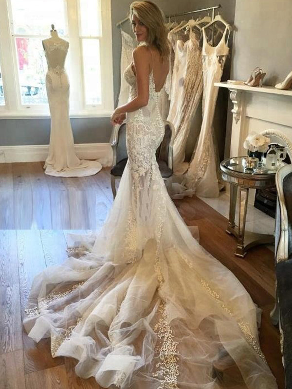 Luxury Spaghetti Straps Lace Mermaid Beach Long Wedding Dresses Wd058 Sposabridal 0062