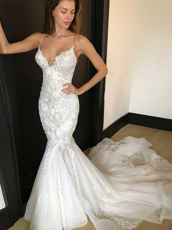 Luxury Spaghetti Straps Lace Mermaid Beach Long Wedding Dresses, WD058 ...