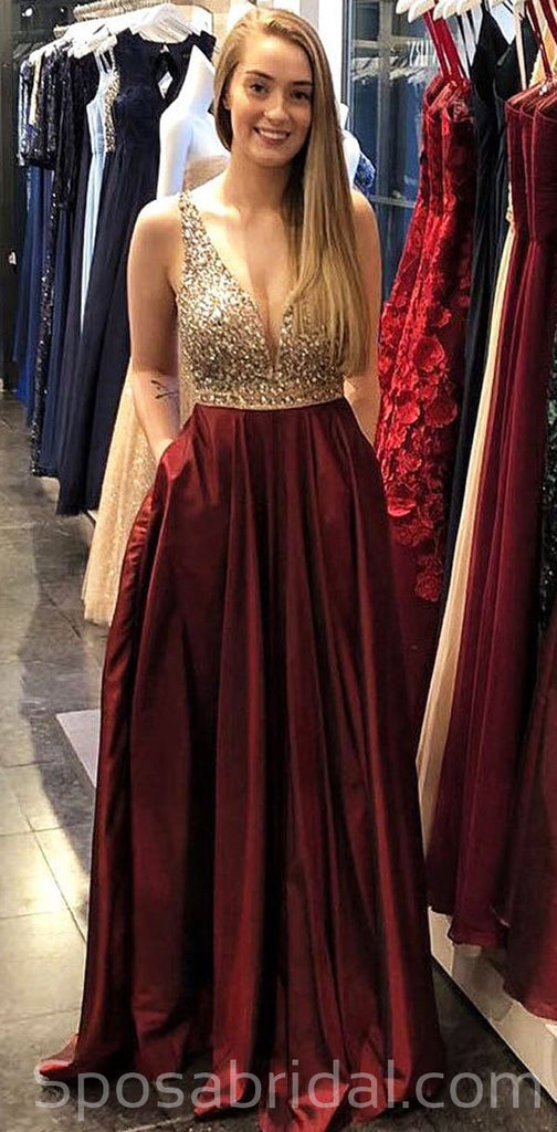 Sparkly Modest Gorgeous Sleeveless A-Line Beaded Burgundy Long Prom Dr ...