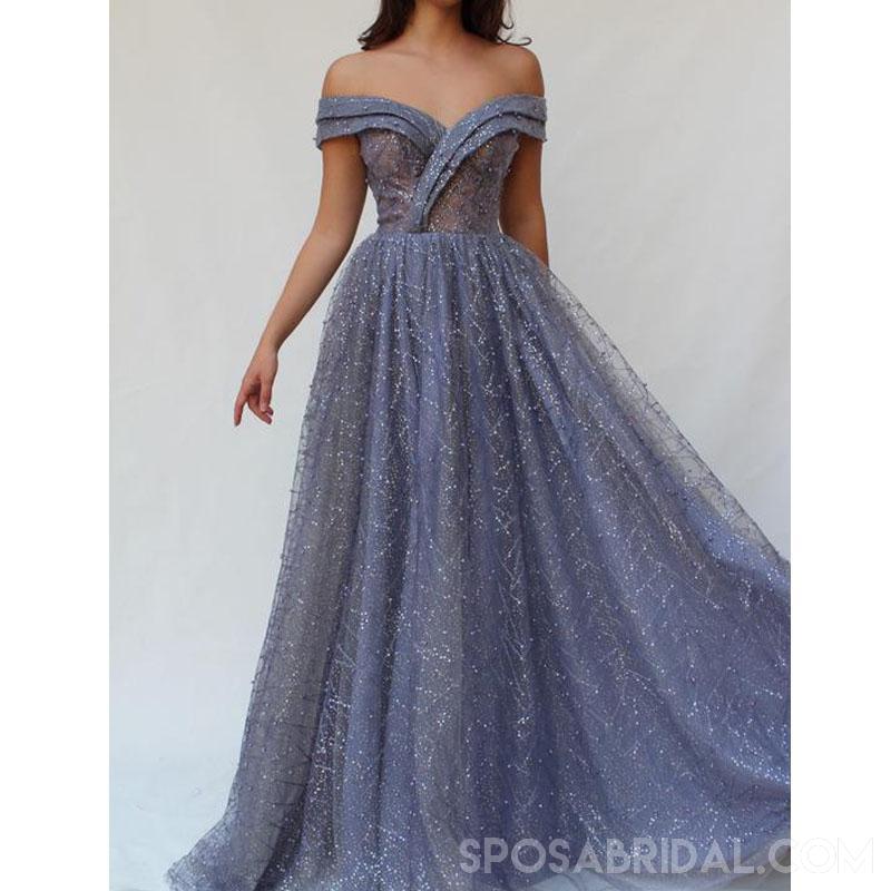 Sparkly Shinning Blue Sequin Off the Shoulder Long A Line Prom Dresses ...