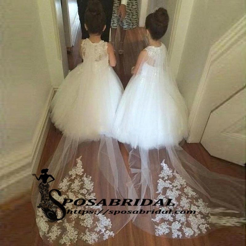 White Lace Cheap Cute Baby Flower Girl Dresses with train, Soft Modern ...