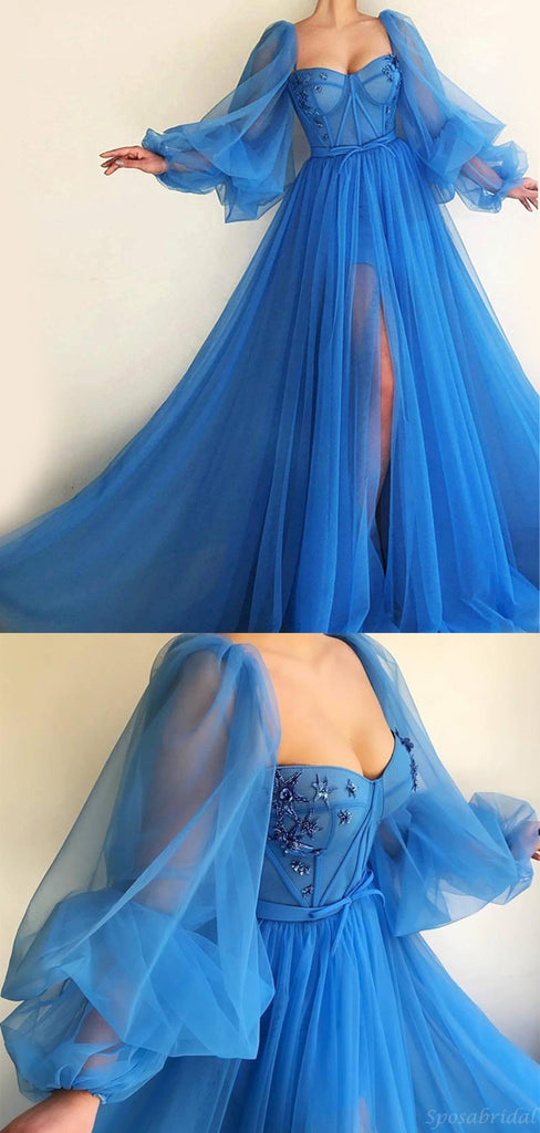 Unique A-line Blue Tulle Long Sleeves Modest Prom Dresses, PD2121 ...