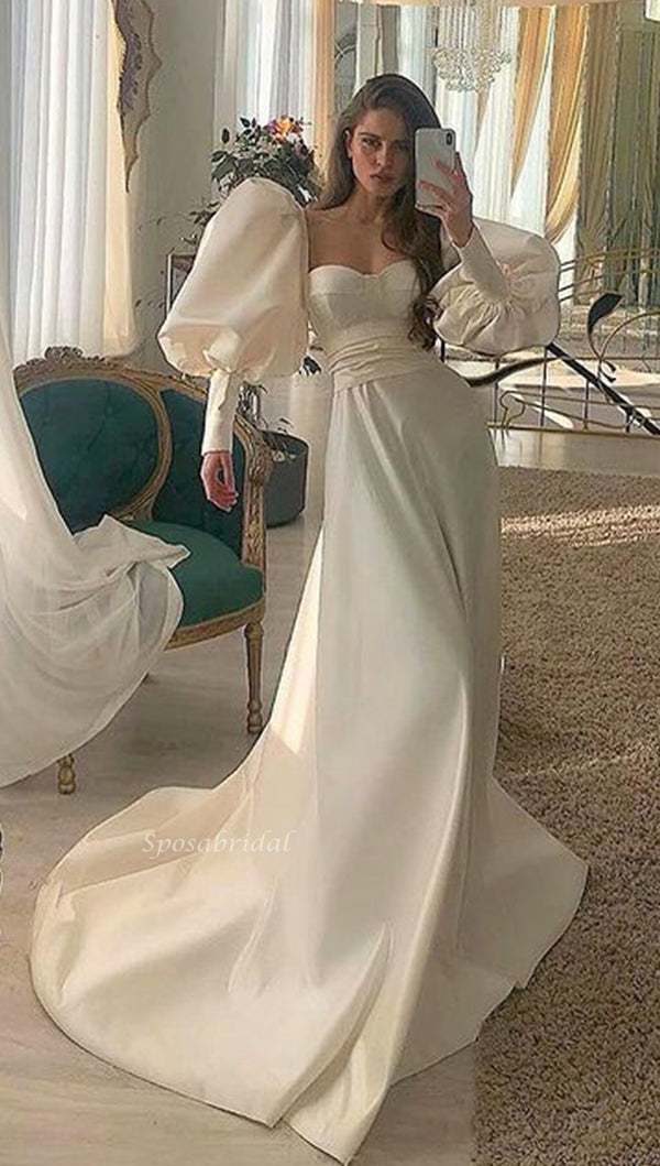 Elegant Bubble Shoulder Beige Sweetheart A-line Long Tail Wedding Dres ...