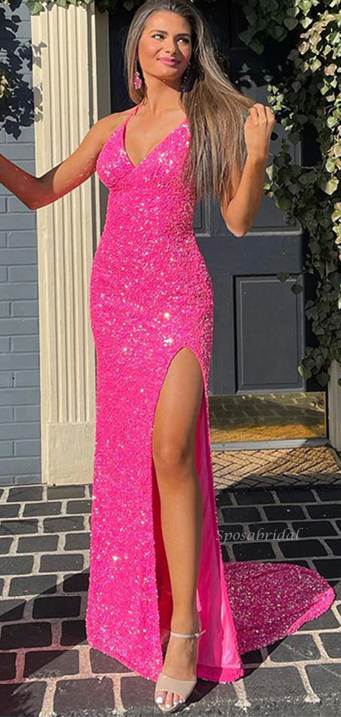 Hot Pink Sexy Halter Open Back Side-slit Mermaid Long Prom Dress, PD35 ...