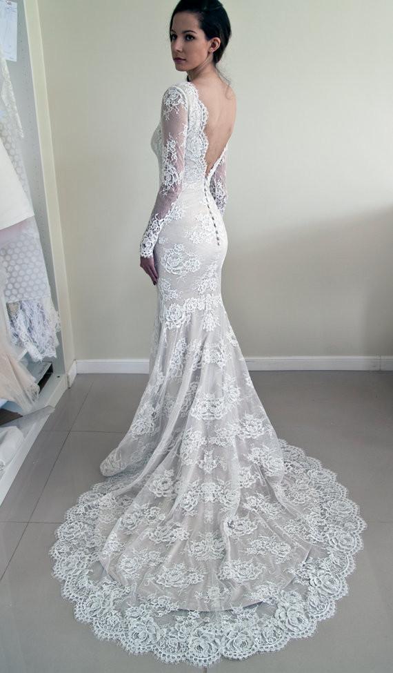 Long Sleeves Lace V-Back Elegant New Design Mermaid With Train Wedding ...