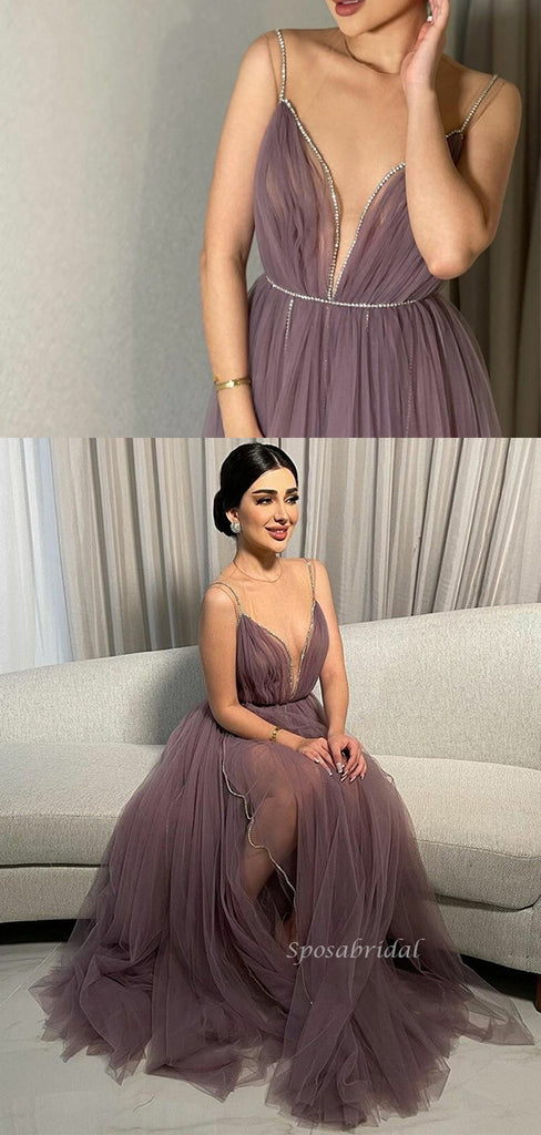 Sexy Elegant Dusty Purple V-neck Illusion A-line Long Prom Dress, PD3493