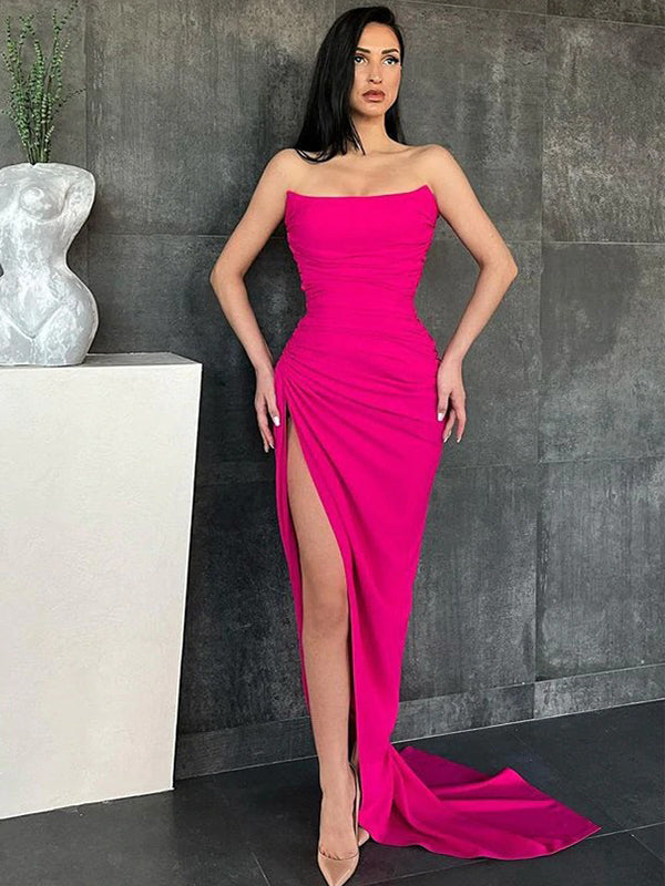 Sexy Elegant Pleats Strapless Side-slit Mermaid With Tail Long Prom Dr ...