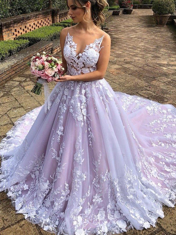 Sexy Luxury Pink Illusion Lace Backless A-line Long Train Wedding Dres ...