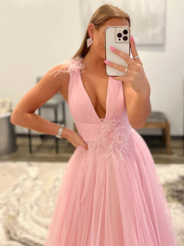 Sexy Pink Deep V Neck Spaghetti Straps A Line Half Open Back Long Prom Sposabridal 