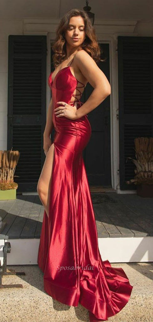 Sexy Red Spaghetti Straps V Neck Lace Up Back Side Slit Mermaid Long P Sposabridal 6178