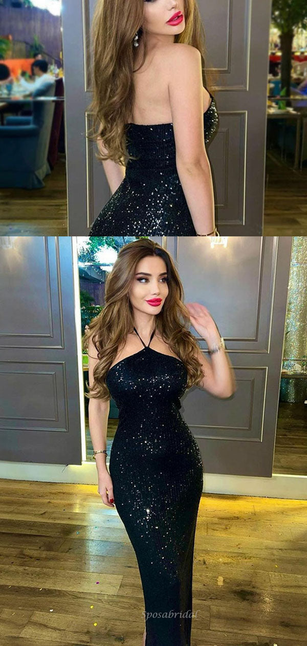 Sexy Sparkly Black Halter Mermaid Long Sequin Prom Dress, PD3452 ...