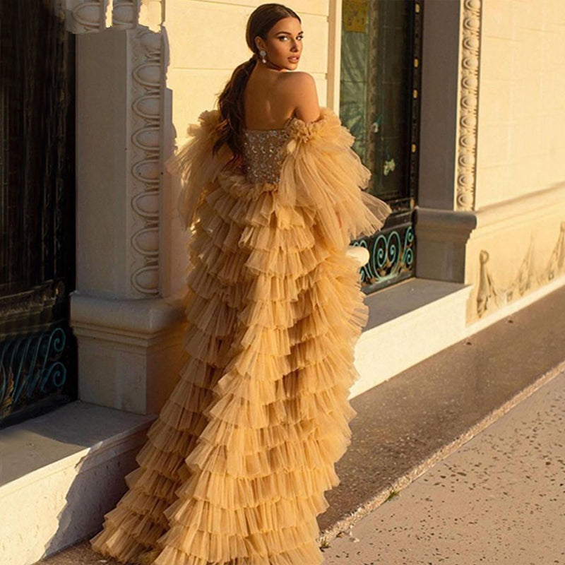 Sexy Sweetheart Chamagne Off-shoulder Asymetric Tulle Long Train Prom ...