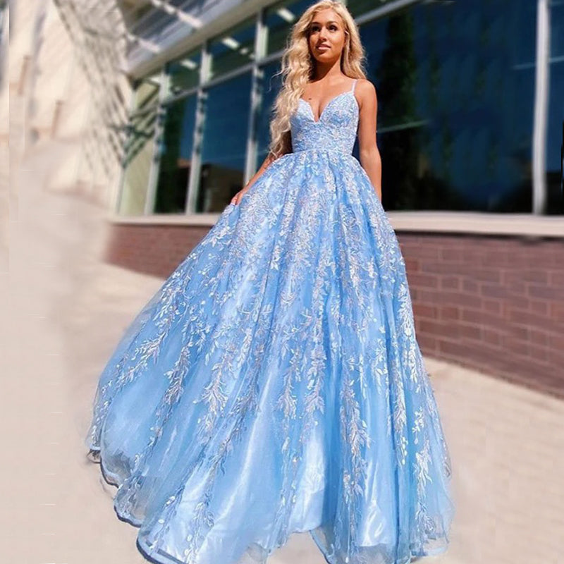 Royal Blue Princess Tulle Prom Dresses With Lace Appliques, Formal Dress,  MP644