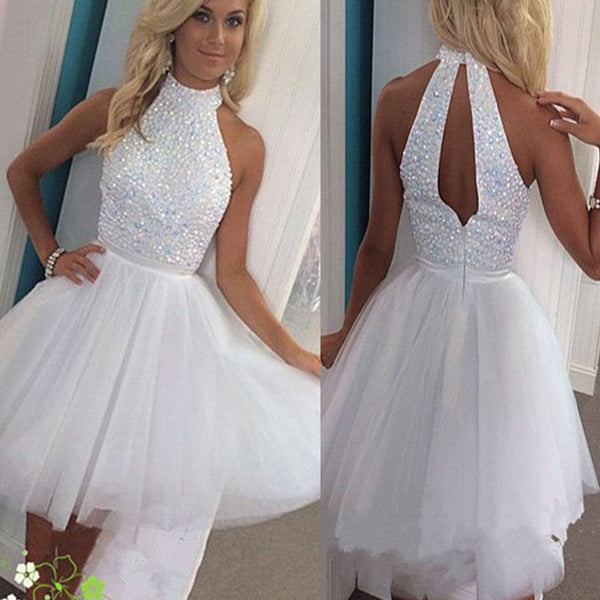 Short white beads sparkly open back off shoulder homecoming prom dress ...
