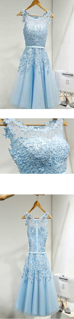 Light blue appliques lace see through lovely freshman homecoming dress ...