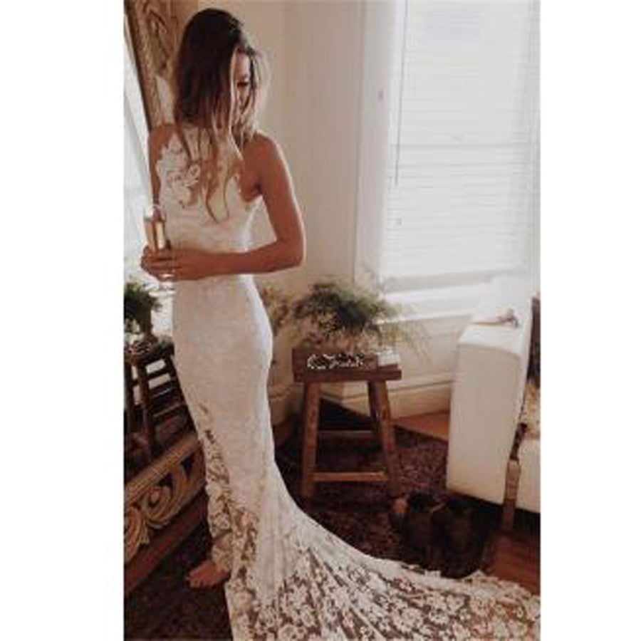 high neck sleeveless lace wedding dress