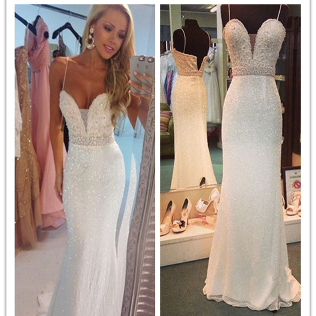 Long white Beaded Spaghetti Straps Mermaid Sexy For teens Evening part ...