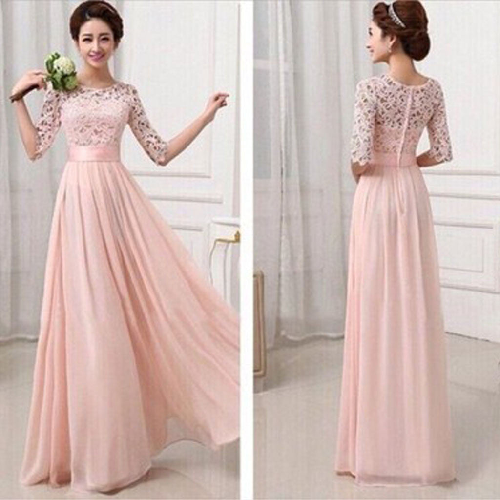 blush pink lace prom dress