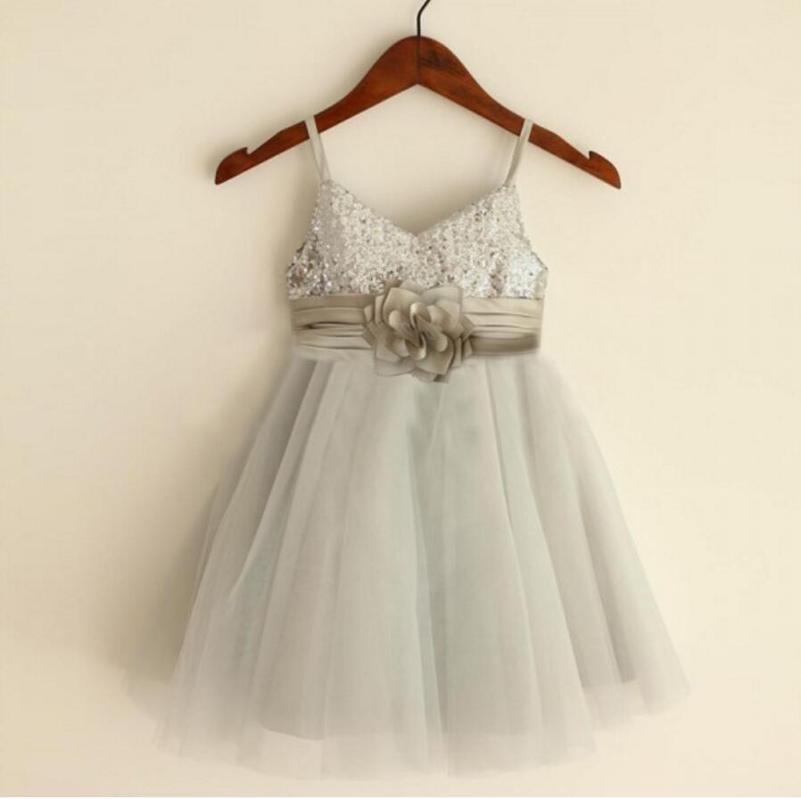 Sparkly Spaghetti Strap V- Neck Light Gray Tulle Flower Girl Dresses W ...