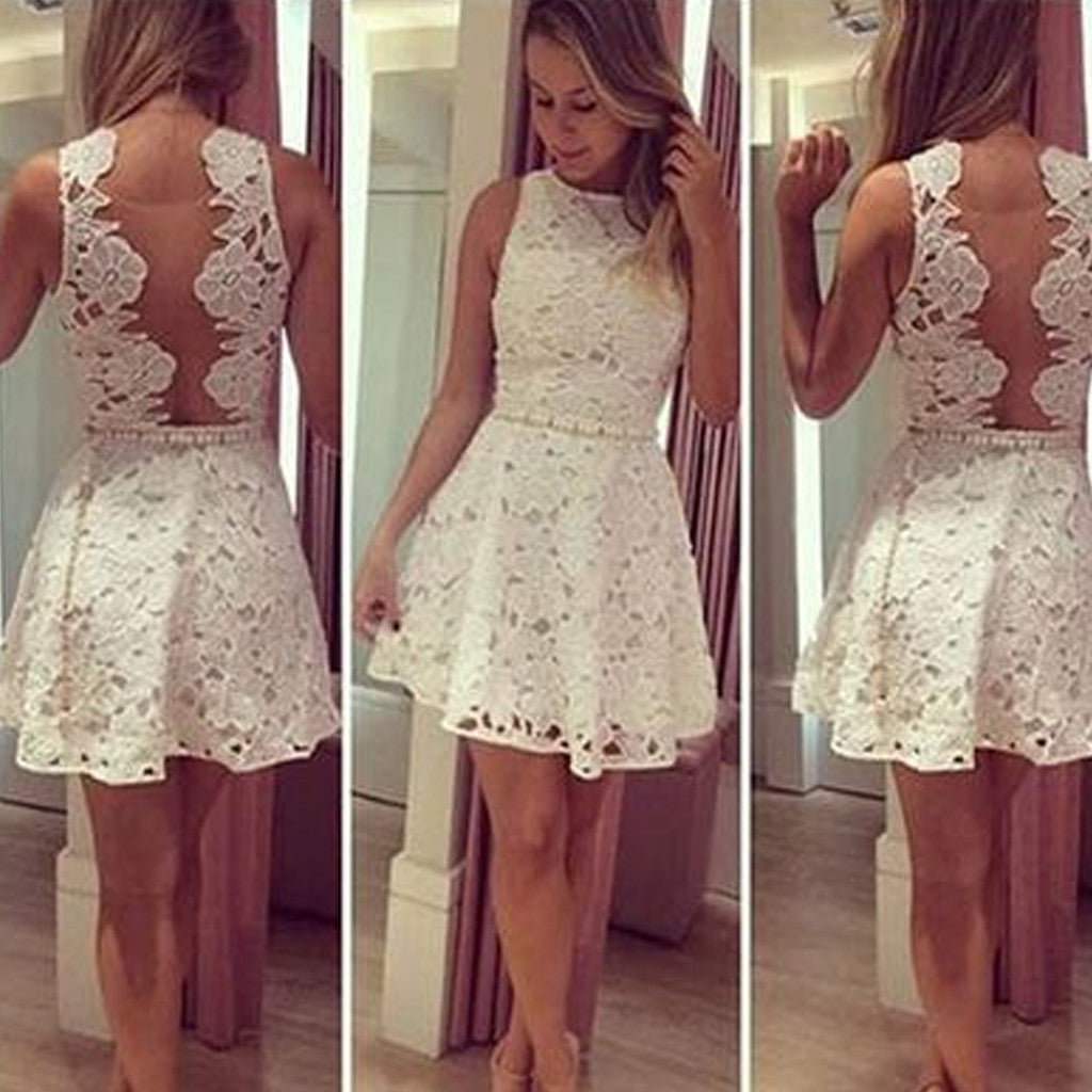 Short white lace simple see through mini cute homecoming prom dresses ...