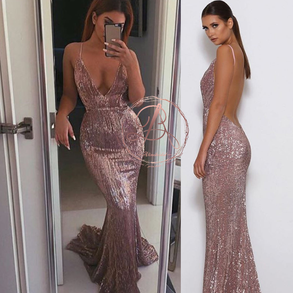 Popular Shinning Spaghetti Strap Backless Deep V Neck Mermaid Prom Gow 