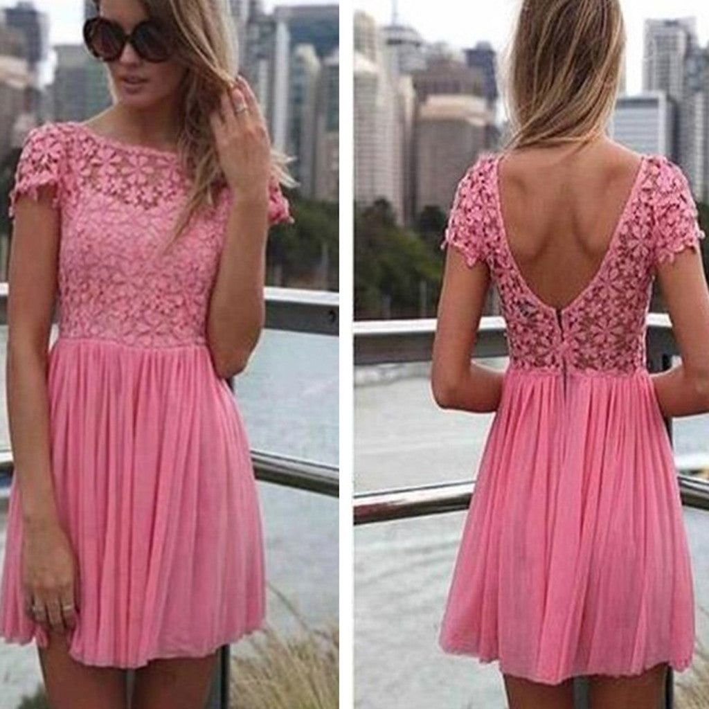 Short sleeve peach pink lace open back freshman homecoming prom dress ...