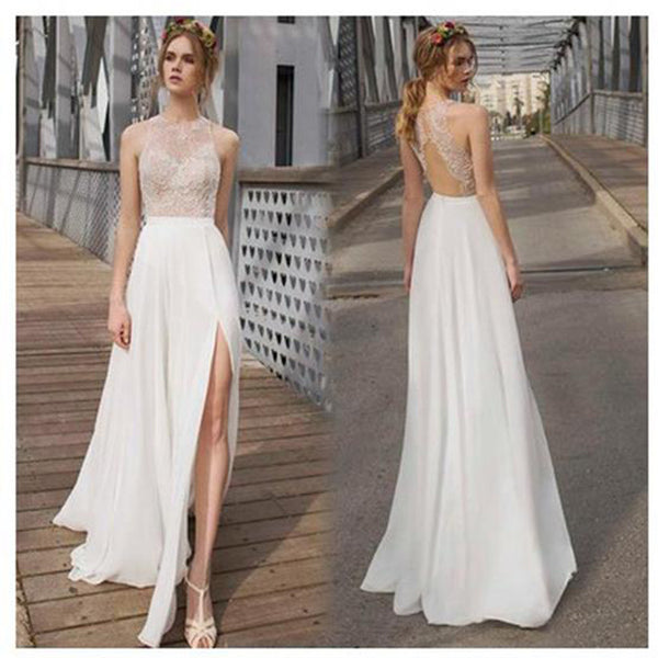Beautiful White Side Split Cheap Simple Beach Wedding Dresses Wd0190