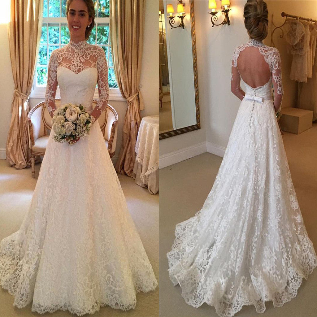 high neck open back wedding dress