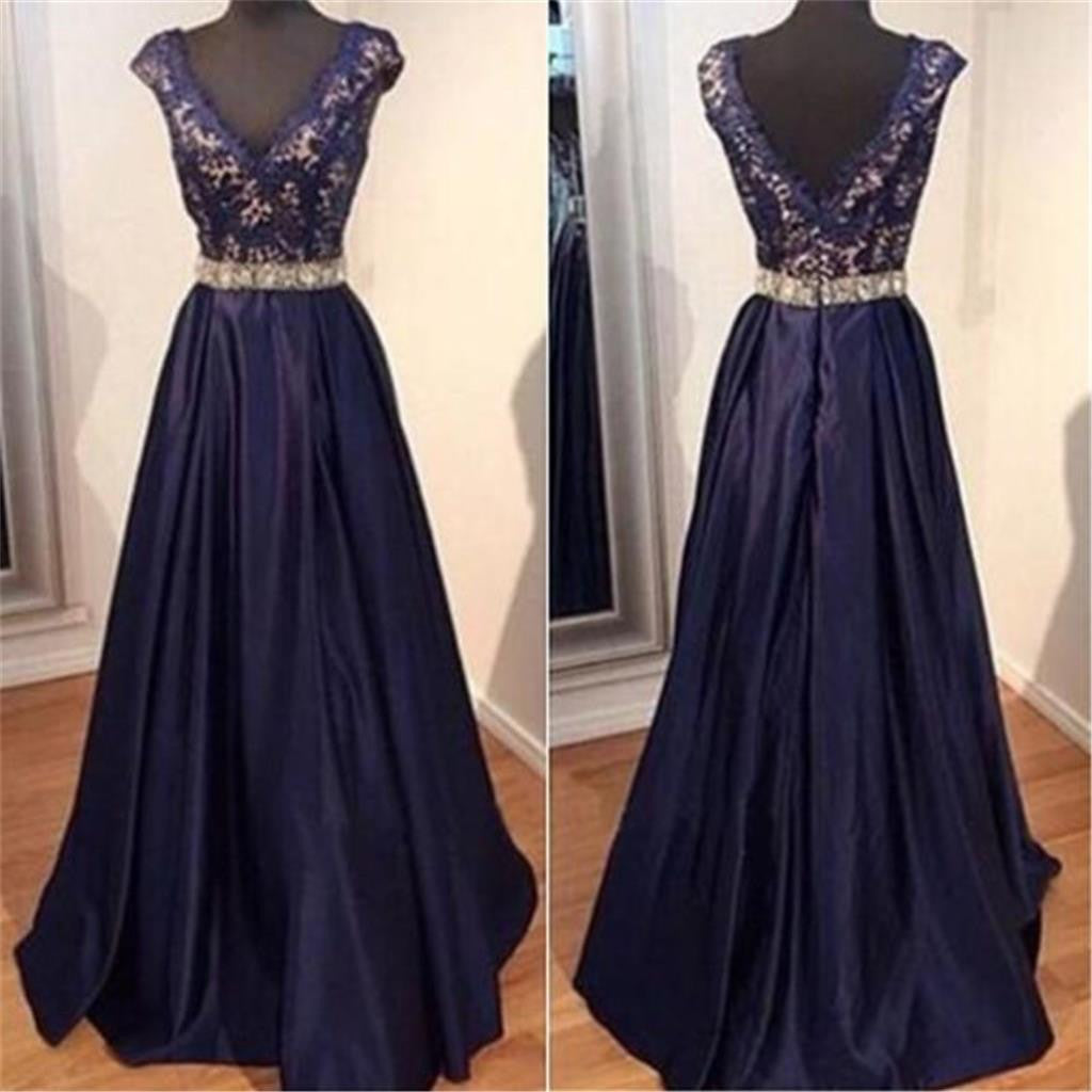 Long Dark Purple V-neck A-line Elegant Lace Evening Party Formal Cockt ...