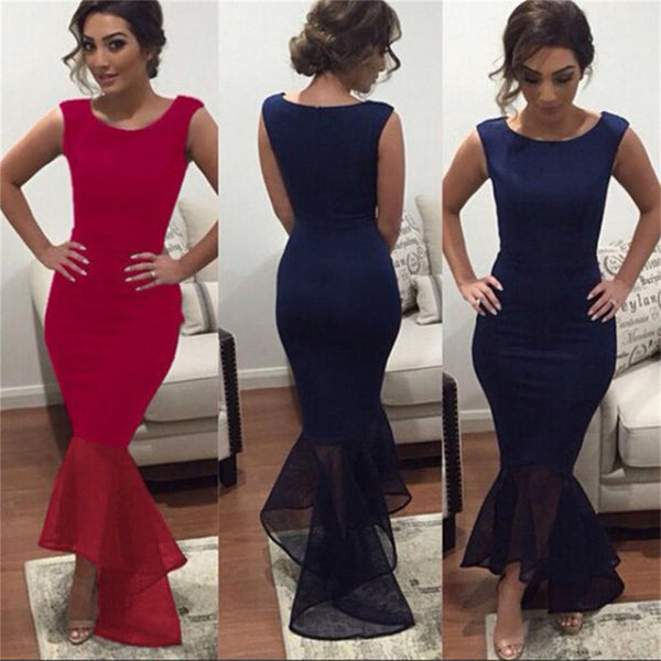Navy Mermaid High Low Sleeveless Ankle Length Prom Dresses,PD0058 ...