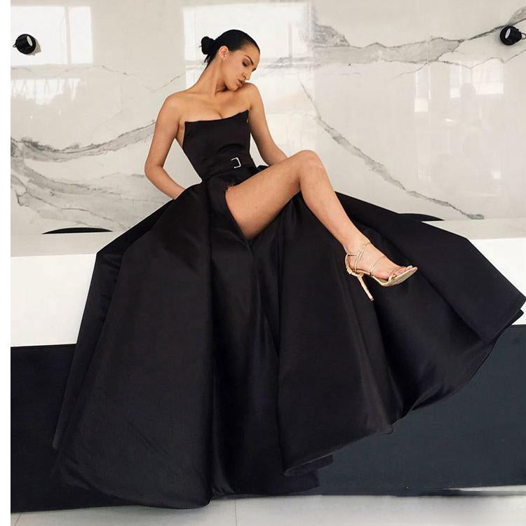 strapless black satin dress