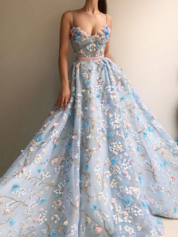 Blue Tulle Applique Spaghetti Strap Handmade Flower Prom Dresses,PD001 ...
