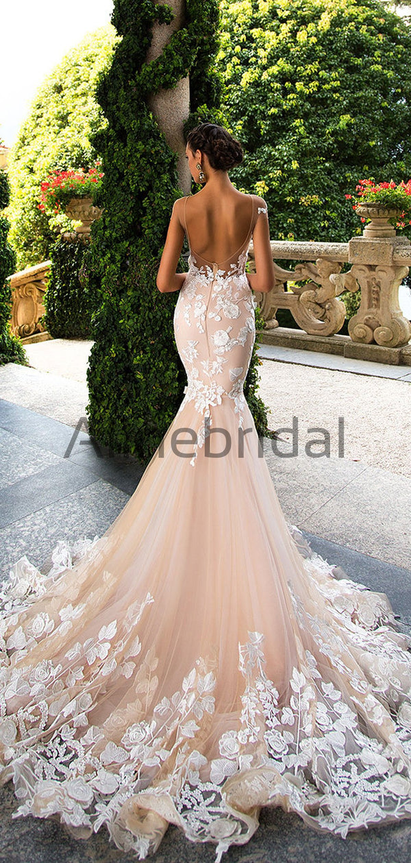 Blush Pink Lace Applique Backless Mermaid Wedding Dresses Ab1501 Alinebridal 7058