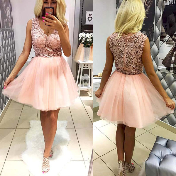 Blush Pink Lace Tulle Sleeveless Simple homecoming dresses,BD00131 ...