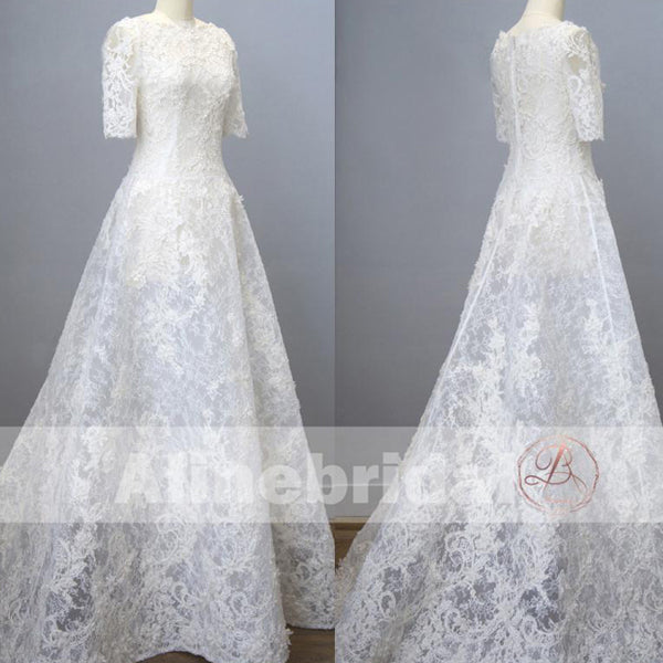 straight lace wedding dress with sleeves