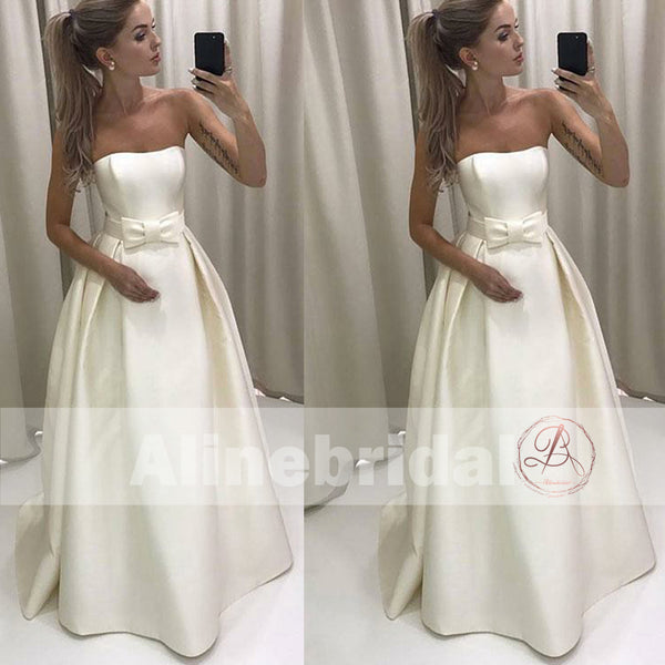 Cheap Ivory Satin Strapless Ball Gown Wedding Dresses With Bow Sash