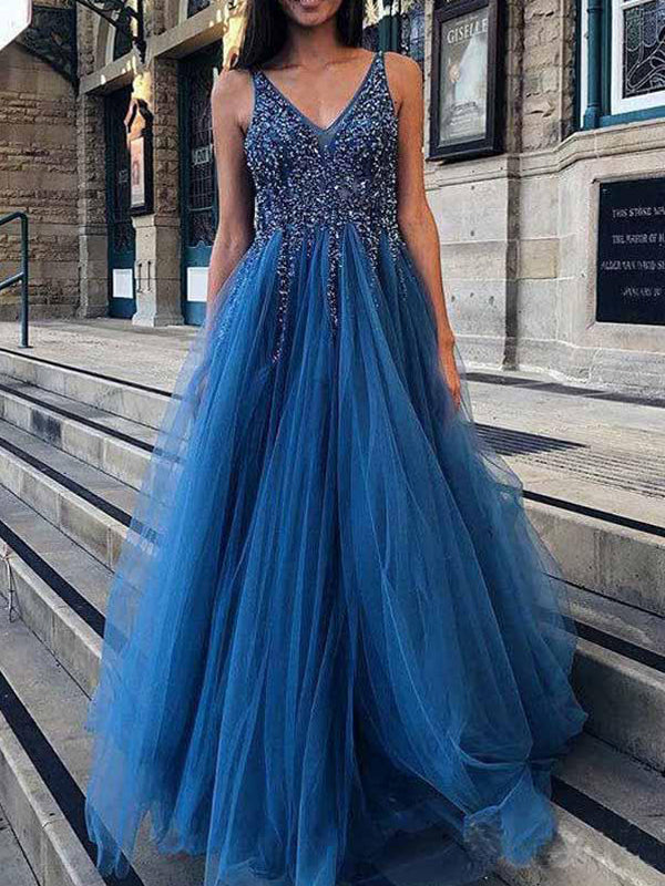 Dark Blue Tulle Sequin Beads V-neck Backless Prom Dresses ,PD00362 ...