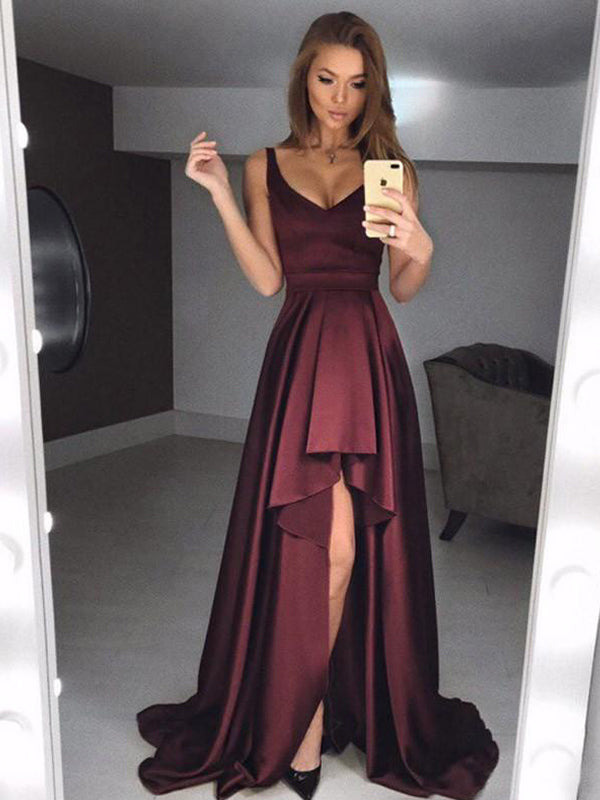 Dark Burgundy Soft Satin High Low Sleeveless Long Prom Dresses ,PD0152 ...