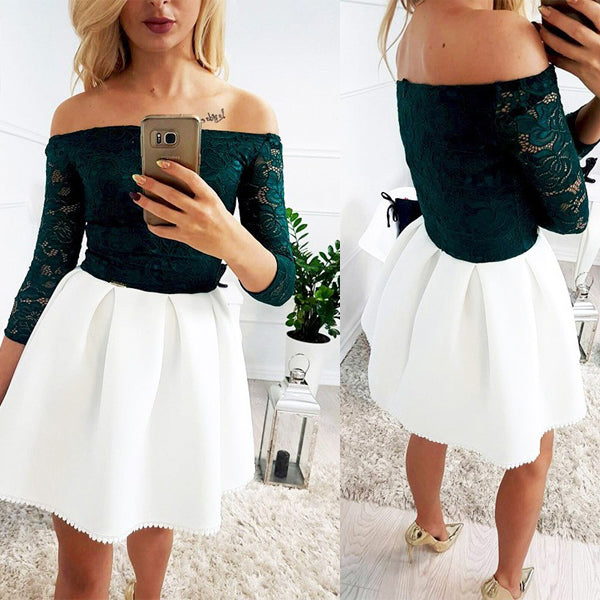 off shoulder dark green dress