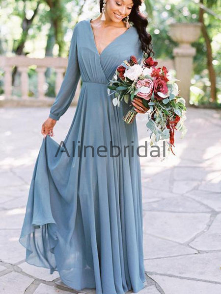 Dusty  Blue  Chiffon Long Sleeve A line Bridesmaid  Dresses  